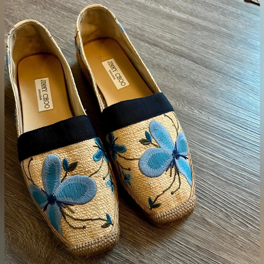 NWOB $345 Jimmy Choo Floral Espadrille Flats Blue Butterfly Espadrilles Shoes